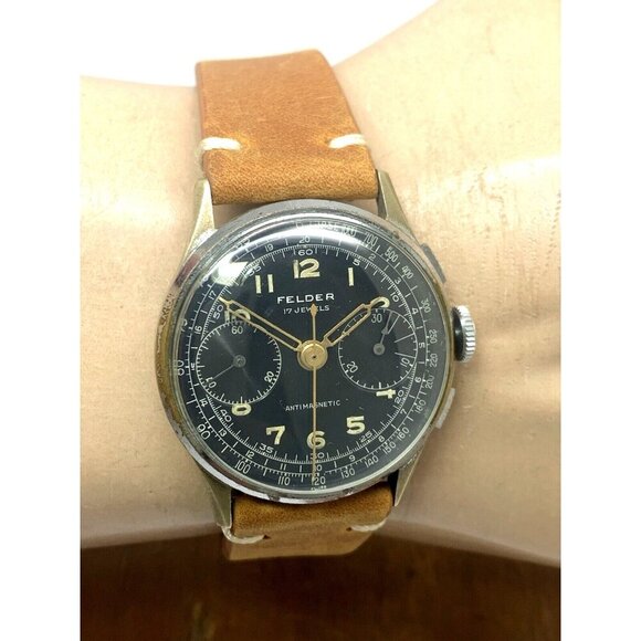 Felder Delbana Men's Watch Vintage Swiss Manual Wind WWII Chronograph Black Dial - Picture 12 of 15